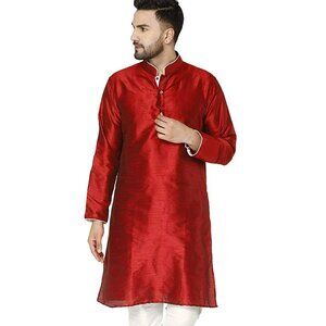 NWT SKAVIJ Men's Red Art Silk Kurta Pajama Set Size M Indian Festival Wear